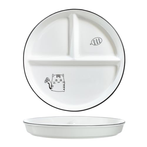 Bicuzat 1 Stück Keramik-Portionskontrollteller unterteilte Schale für gesundes Essen und Gewichtsverlust, geteilter Dessertteller, Salatteller, Speiseteller, 20,3 cm, Katze und Fisch von Bicuzat