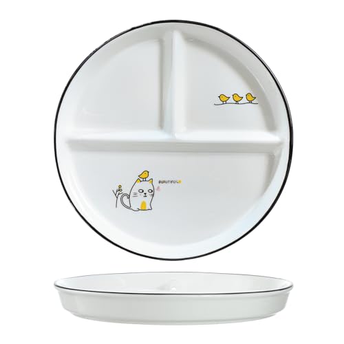 Bicuzat 1 Stück Keramik-Portionskontrollteller unterteilte Schale für gesundes Essen und Gewichtsverlust, geteilter Dessertteller, Salatteller, Speiseteller, 20,3 cm, Katze und Vögel von Bicuzat