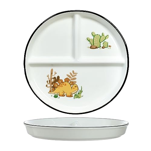 Bicuzat 1 Stück Keramik-Teller mit Dinosaurier-Motiv, geteilte Schale für rationelles Essen und Gewichtsverlust, geteilte Dessertteller, Salatteller, Speiseteller, 20,3 cm, gelber Stegosaurus von Bicuzat