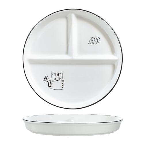 Bicuzat 1 x Keramik-Dinosaurier-Portionskontrollteller für rationales Essen, geteilter Dessertteller, Salatteller, Speiseteller, Katze und Fisch, 20,3 cm von Bicuzat