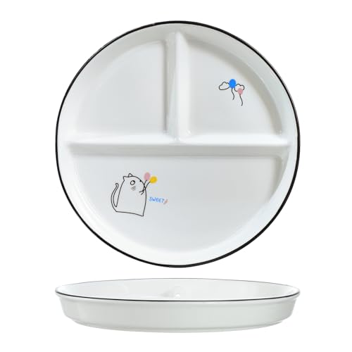 Bicuzat 1 x Keramik-Portionskontrollteller unterteilte Schale für gesundes Essen und Gewichtsverlust, geteilter Dessertteller, Salatteller, Speiseteller, 20,3 cm, Katze und Ballon von Bicuzat