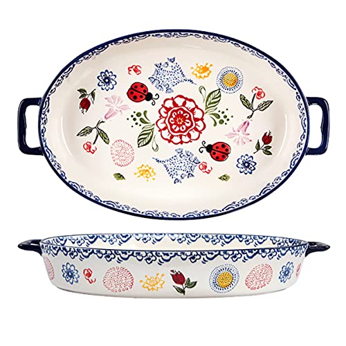 Bicuzat Auflaufform aus Keramik im Vintage-Stil, Blumen- und Schmetterlingsmarienkäfer-Muster, Auflaufform mit Griffen, für Ofen auf den Tisch, 1 Stück, oval, groß von Bicuzat