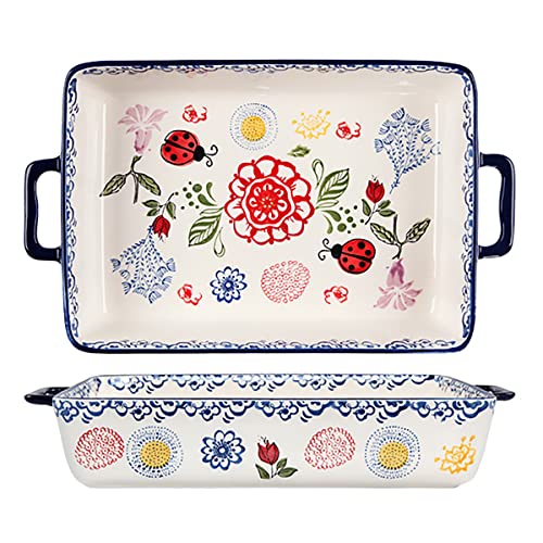 Bicuzat Keramik-Auflaufform im Vintage-Stil mit Blumen- und Schmetterlingsmarienkäfer-Muster, Backform, Lasagne-Pfannen mit Griffen, für Ofen auf den Tisch, 1 Stück, groß von Bicuzat