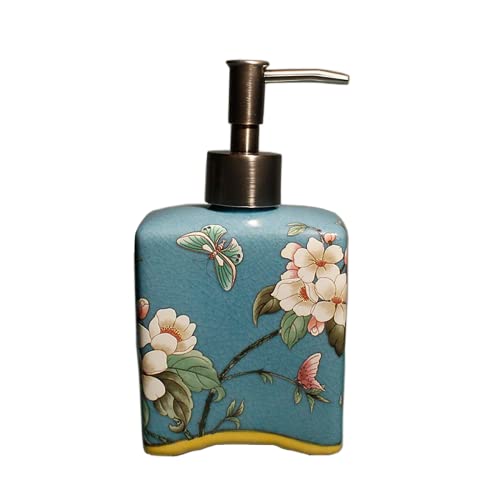 Bicuzat Keramik-Seifenspender, Lotionsflasche, Seifenflasche mit abnehmbarer Pumpe, Blumenmuster-Spender für Küchenseife, Badezimmerseife, Lotion und ätherisches Öl, blau, 370 ml von Bicuzat