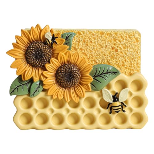 Bicuzat Schwammhalter aus Kunstharz, Sonnenblumen- und Bienenwaben-Schwammhalter für Küchenspüle, kompakter Spülbecken-Organizer, Geschirrschwammhalter von Bicuzat