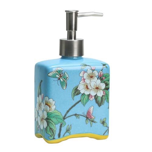 Bicuzat Seifenspender aus Keramik, Seifenflasche mit Abnehmbarer Pumpe, Blumenmuster, Küche, Bad, Lotion und ätherisches Öl, Blau, 400 ml von Bicuzat