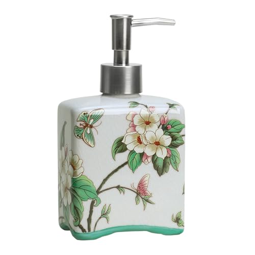 Bicuzat Seifenspender aus Keramik, Seifenflasche mit abnehmbarer Pumpe, Blumenmuster, Küche, Bad, Lotion und ätherisches Öl, Beige, 400 ml von Bicuzat