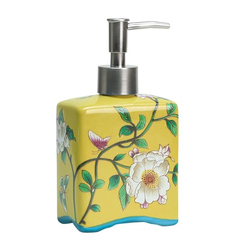 Bicuzat Seifenspender aus Keramik, Seifenflasche mit Abnehmbarer Pumpe, Blumenmuster, Küche, Bad, Lotion und ätherisches Öl, Gelb, 400 ml von Bicuzat