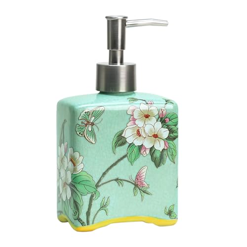 Bicuzat Seifenspender aus Keramik, Seifenflasche mit Abnehmbarer Pumpe, Blumenmuster, Küche, Bad, Lotion und ätherisches Öl, Türkis, 400 ml von Bicuzat