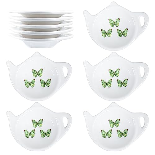 Bicuzat Teebeutelhalter aus Porzellan mit grünem Schmetterlingsmuster, Teekannenform, Untersetzer, Untertasse, 10 cm, 3 Schmetterlinge, 10 Stück von Bicuzat