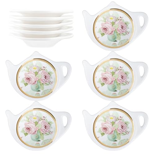 Bicuzat Teebeutelhalter mit Blumenmuster und goldenem Rand, Porzellan-Accessoires, Teekanne, geformter Teebeutel-Untersetzer, 10 cm, 10 Stück von Bicuzat