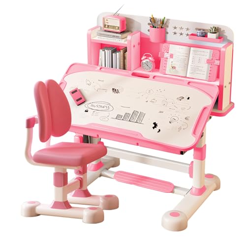 Kinderzimmertisch und Stuhl-Set, verstellbarer Kunstschreibtisch, Mädchen-Schreibtisch für Schlafzimmer, Lerntisch mit großer Schreibtafel, Bücherregal und Schublade (Rosa-4221320) von Bidbory