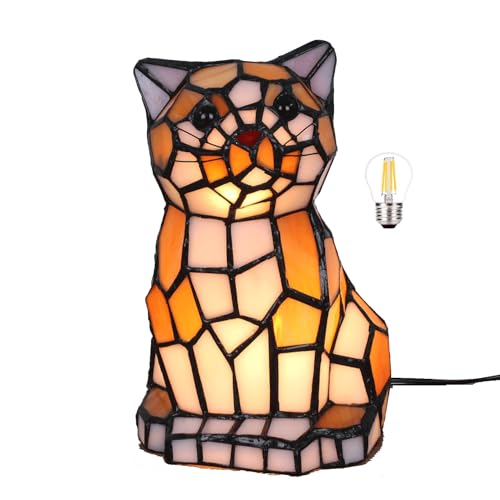 Tierische Tischlampe Im Tiffany-stil, Vintage-tischlampe, Handgefertigte Tischlampe Mit Buntglasschirm, Schlafzimmer-nachttischlampe, Arbeitszimmer-tischlampe, Büro-tischlampe (Kitten) von Bidesen