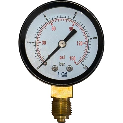 BieTal® Manometer Arbeitsmanometer 0-10 bar Druckmanometer Druckmesser 50mm Durchmesser Druckanzeige Präzisionsmanometer 1/4 Zoll Gewinde unter anderem für CO2 Druckminderer von BieTal
