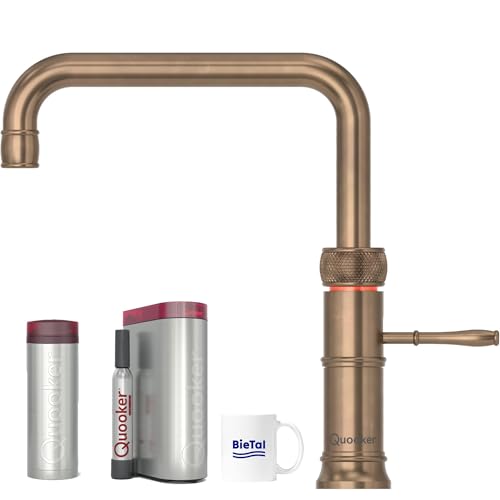 Quooker Wasserhahn Classic Fusion Square Messing Patina & PRO3 Reservoire für kochendes Wasser Heißwasser & Cube für gekühltes sprudelndes Wasser Sprudelwasser mit BieTal® Keramiktasse 355 ml von BieTal
