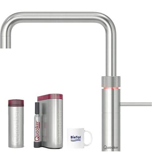 Quooker Wasserhahn Fusion Square Voll Edelstahl & PRO3 Reservoire für kochendes Wasser Heißwasser & Cube für gekühltes sprudelndes Wasser Sprudelwasser mit BieTal® Keramiktasse 355 ml von BieTal