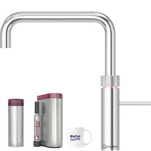 Quooker Wasserhahn Fusion Square verchromt glänzend & PRO3 Reservoire für kochendes Wasser Heißwasser & Cube für gekühltes sprudelndes Wasser Sprudelwasser mit BieTal® Keramiktasse 355 ml von BieTal