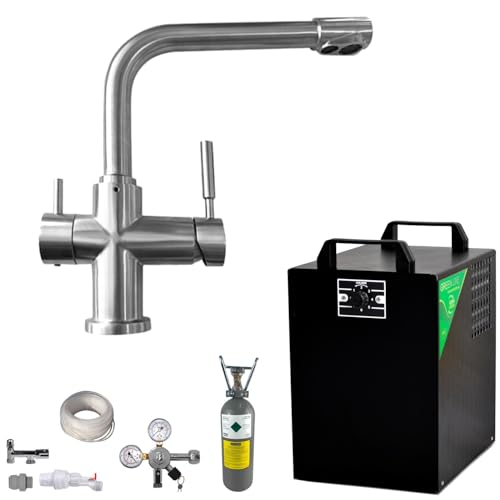 Tafelwassergerät BieTal® BT-25U Untertisch Wassersprudler für bis zu 25 Liter pro Stunde Sprudelwasser mit Kühlung & Wasserhahn Küche Mischbatterie 3-Wege L-Auslauf Voll Edelstahl Komplettset von BieTal