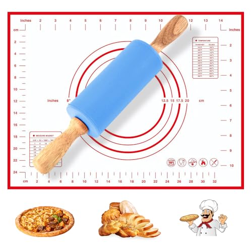 Bieiyhe Nudelholz Silikon 30 cm,Nudelholz Mit Backmatte,Teigausrollmatte,Baking Mat,Teigunterlage Ausrollmatte,Antihaft Backunterlage,Teigmatte Silikonmatte,Ausrollmatte Mit Messung für Pizza von Bieiyhe
