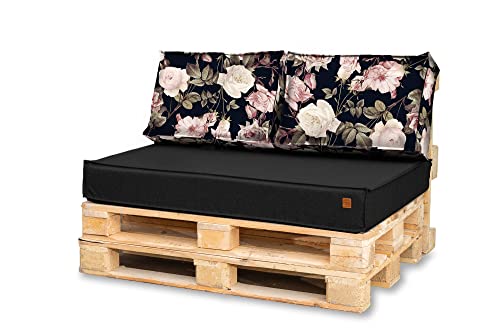 Bielik Palettenkissen 120 x 80 Set für Palettenmöbel | Wasserdicht Europaletten Sitzkissen | Palettensofa komplett besteht aus 3 Teilen in Farbe: Schwarz + Rosen von Bielik