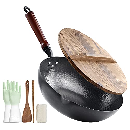 Bielmeier Wok-Pfanne, 31,8 cm, Bratpfannen, mit Deckel, Handschuhen und Kochgeschirr-Zubehör, Karbonstahl, passend für alle Herde (flacher Boden) von Bielmeier