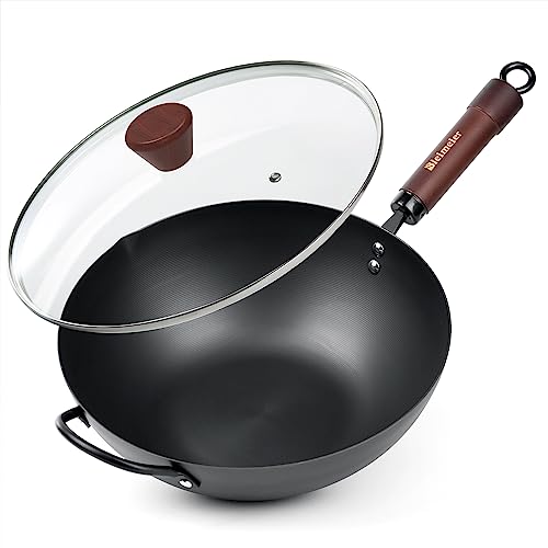 Bielmeier Wokpfanne mit Deckel, vielseitiger und langlebiger Wok aus Karbonstahl – natürliche antihaftbeschichtete Woks und Bratpfannen, Wok mit flachem Boden, geeignet für alle Herdarten – perfekt von Bielmeier