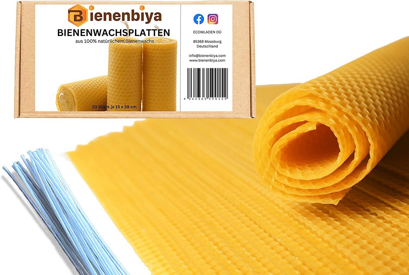Bienenbiya Bienenwachskerze Reine Bienenwachsplatten (18 STK. - 19,5x39,5cm) mit 20 Kerzendochte (ohne Zusatzstoffe für Kerzenherstellung und zum Basteln, 1-tlg., 20 Bienenwachsplatten aus natürlichem Bienenwachs) von Bienenbiya