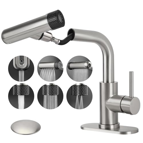 Badezimmer-Wasserhahn aus gebürstetem Nickel mit herausziehbarem Sprüher, 6 Wassermodi, Einhandgriff, 1 oder 3 Löcher, Waschbeckenarmatur mit Pop-Up-Ablauf für Wohnmobil, Bar, Waschtisch Badezimmer-Wasserhahn aus gebürstetem Nickel mit herausziehbarem Sprüher, 6 Wassermodi, Einhandgriff, 1 oder 3 Löcher, Waschbeckenarmatur mit Pop-Up-Ablauf für Wohnmobil, Bar, Waschtisch von Bietor