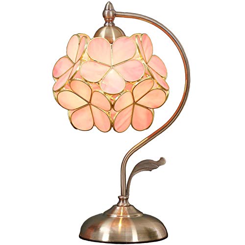 BIEYE L30732 Kirschblüte Tischleuchte aus Buntglas im Tiffany-Stil mit 21 cm breitem Blumenlampenschirm Vintage Messingfuß, 42 cm hoch (Rosa) von Bieye