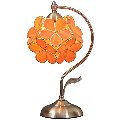 BIEYE L30753 Kirschblüte Tischleuchte aus Buntglas im Tiffany-Stil mit 21 cm breitem Blumenlampenschirm Vintage Messingfuß, 42 cm hoch (Orange) von Bieye