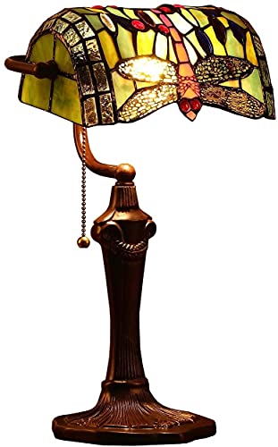 Bieye L30058 Banker-Tischlampe im Libellen-Tiffany-Stil aus Buntglas mit 10 Zoll breitem Lampenschirm und Zinksockel für den Leseschreibtisch (grün) von Bieye