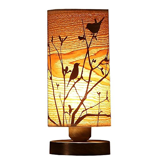 Bieye L30272 Vögel im Baum Holz Stil Tischlampe mit Holz Lampenschirm für Bett Schlafzimmer Wohnzimmer, zylinderförmig, 9-Zoll hoch von Bieye