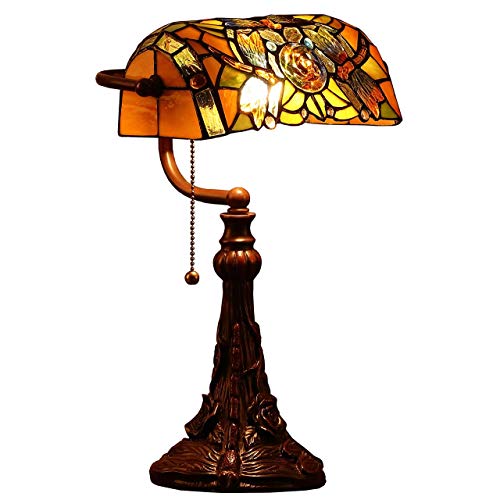 Bieye L30308 Libelle Tiffany-Stil Glasmalerei Banker Tischlampe mit 25 cm breiten Lampenschirm zum Lesen und Arbeiten, 44 cm groß von Bieye