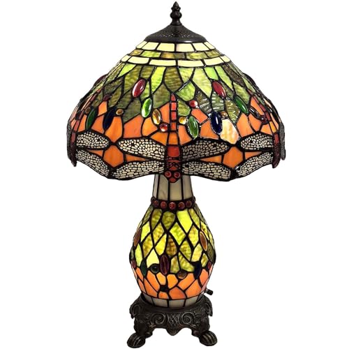 Bieye L30566 Libelle Tiffany-Stil Glasmalerei Tischlampe mit 30 cm breitem Lampenschirm, grün orange, 48 cm groß von Bieye