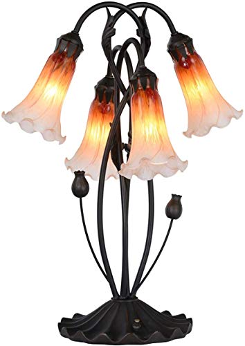 Bieye L30699 Lily Flowers Tiffany Style mundgeblasenes Glas Akzent Tischlampe Nachtlicht für Nachttisch Wohnzimmer Schlafzimmer Dekoration, 4 Lichter, Orange von Bieye