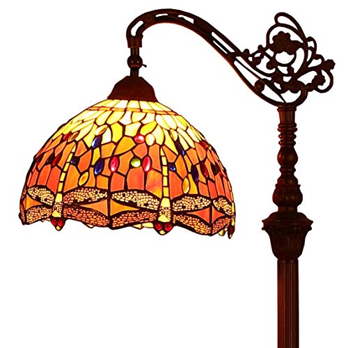 Bieye L30713 Libelle Tiffany Stil Glasmalerei Stehleuchte mit 12 Zoll breiten Lampenschirm Metallfuß, 62 Zoll groß, Orange von Bieye