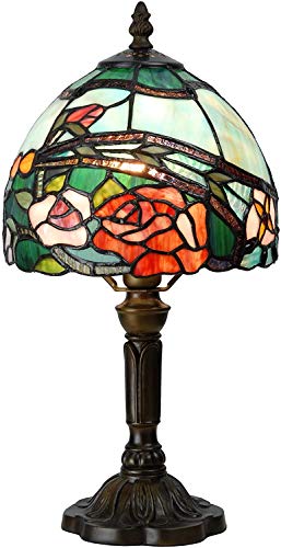 Bieye L30736 Rose Flower Tiffany-Stil Buntglas-Tischlampe mit 20,3 cm breitem Lampenschirm, 38,1 cm hoch, Rot von Bieye