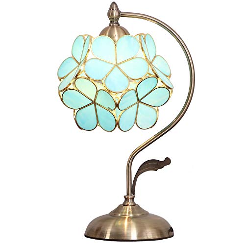 Bieye L30752 Tischlampe im Tiffany-Stil, Buntglas, mit 20,3 cm breitem Blumenmuster, Vintage-Messingsockel (Eisblau) von Bieye