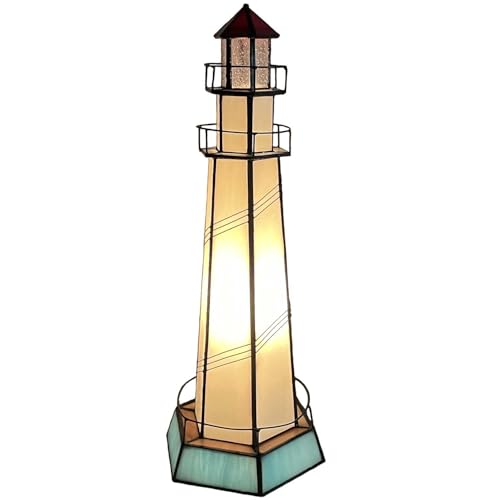 Bieye L30871 Leuchtturm-Tischlampe im Tiffany-Stil, Buntglas-Akzent-Tischlampe, Nachtlicht für Heimdekoration (5,5 x 5,5 x 15, blau) von Bieye