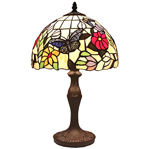 Bieye L31407 Schmetterling Tiffany Stil Glasmalerei Tischlampe Nachtlicht mit 12-Zoll breiten handgefertigten Lampenschirm Metallfuß für Schlafzimmer Wohnzimmer Couchtisch, 18-Zoll groß von Bieye