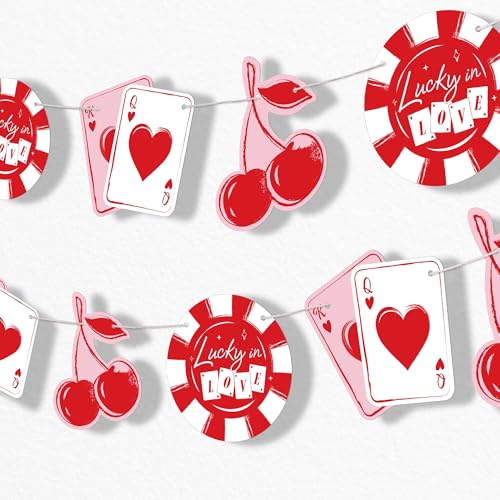 Big Dot of Happiness Lucky in Love Girlande Banner, Las Vegas Junggesellinnenabschied, Dekoration, 9 m Kordel, 15 doppelseitige rote und rosa Retro-Kirsche, Pokerchip, Herzkönigin-Spielkartenstücke von Big Dot of Happiness