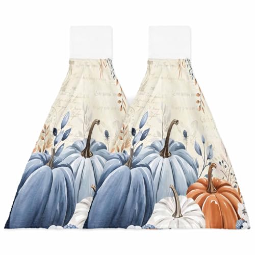 Hängende Küchentücher mit Schlaufe, blau, Kürbis-Handtücher, Set mit 2 Stück, florales Eukalyptusblatt, Erntedankfest, weich, saugfähig, Geschirrtuch, Trockentuch für Küche, Badezimmer, Tischplatte von Big buy store