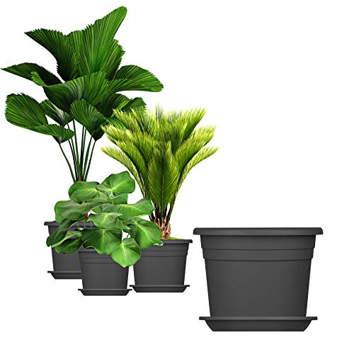 BigDean 3X Blumentopf Ø 35 cm Farbe Anthrazit & Untersetzer Kunststoff Pflanztopf Containertopf Übertopf Pflanzkübel rund 35 x 25 cm Blumentöpfe von BigDean