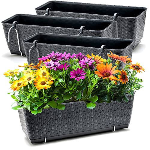 BigDean 4er Set Blumenkästen für Balkon-Geländer - Rattan-Optik - Anthrazit - Balkonkästen mit Metall-Halterungen - 49 x 17 x 17 cm - inkl. Bewässerungssystem von BigDean