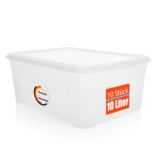 BigDean 10 Stück Aufbewahrungsbox mit Deckel 10L robust & stapelbar Plastikbox transparent Made in Germany von BigDean