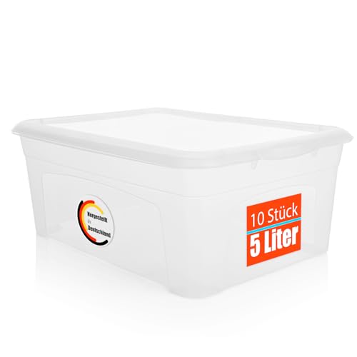 BigDean 10 Stück Aufbewahrungsbox mit Deckel 5L robust & stapelbar Plastikbox transparent Made in Germany von BigDean