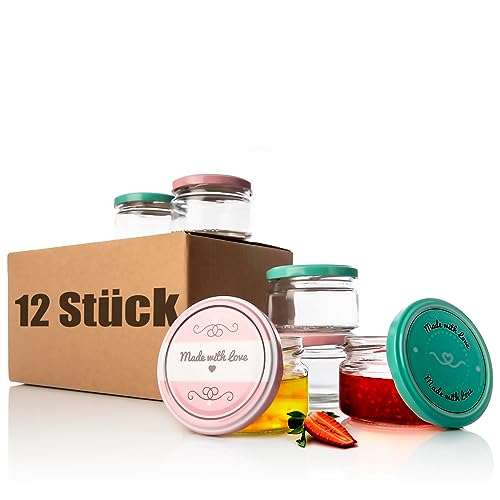 BigDean 12er Set Einmachgläser mit Deckel in rosa und Pastell-grün in Made with Love Stil - 250ml Sturzgläser Marmeladenglas von BigDean