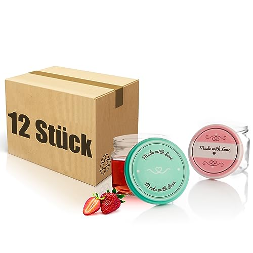 BigDean 12er Set Einmachgläser mit Deckel in rosa und Pastell-grün in Made with Love Stil - 330ml Sturzgläser Marmeladenglas von BigDean