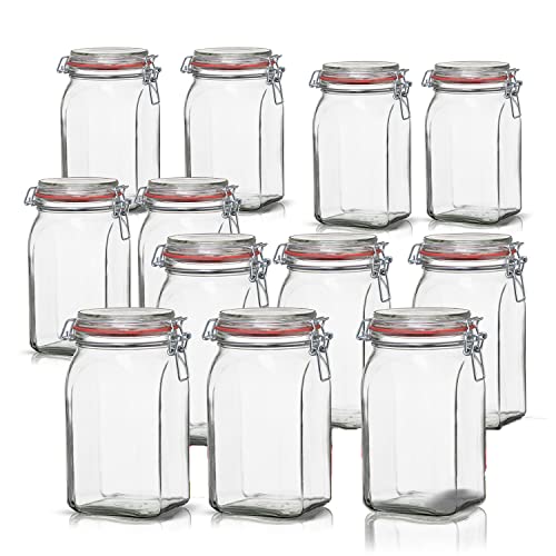 BigDean 12er Set Vorratsgläser 1,1L - Einmachgläser mit Deckel & Bügelverschluss - Made in Germany - Drahtbügelgläser zum luftdichten Aufbewahren, Einlegen & Einkochen - Glas, eckig von BigDean