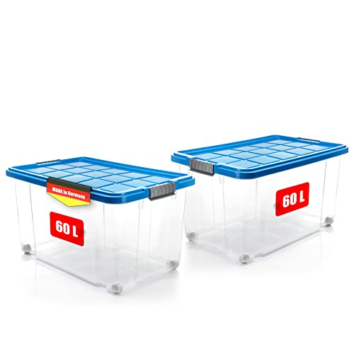BigDean 2 Stück 60 L Aufbewahrungsbox mit Deckel groß azurblau - stapelbare robuste Box BPA-frei - rollbare Stapelbox mit festen Klickverschlüssen - Made in Germany von BigDean